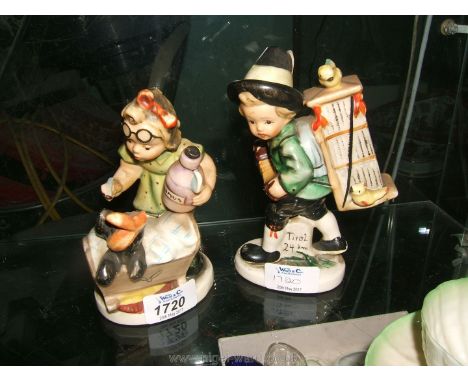 Two Goebel figures, one of a boy with a musical instrument and birds with a signpost and the other of little girl feeding her