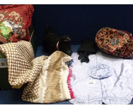 Miscellaneous textiles including silk scarves, 1940's cushion cover, Moroccan shawl, Turkish carpet hat, etc.