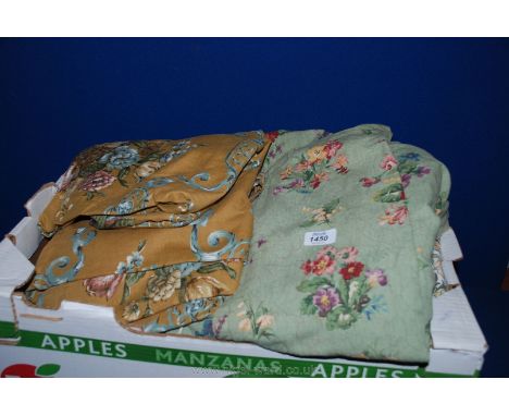 A quantity of vintage linen floral, lined Curtains, a pair of green velvet curtains and a pair of William Morris design curta