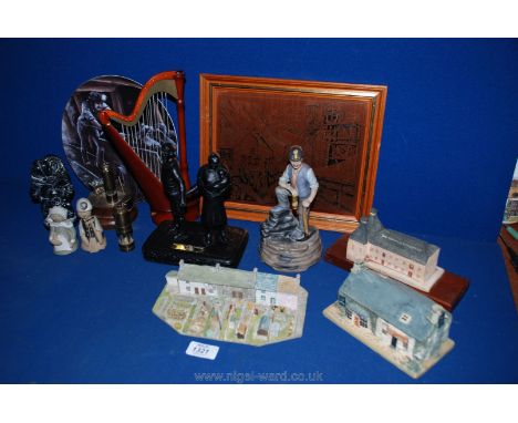 A quantity of Welsh Miners related Souvenir items including Bryn Melyn Studio model house, display plate, model harp, davey l