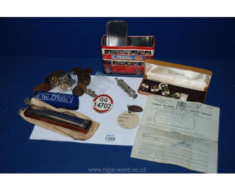 A Preciosa Harmonica, Pocket Pal harmonica, miscellaneous coins, bus driver's badge, enamel badges, etc. 