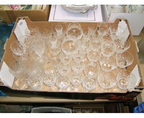 A box of crystal Glasses including Stuart, Doulton and Wordsley whisky tumblers, dessert wine glasses, etc.