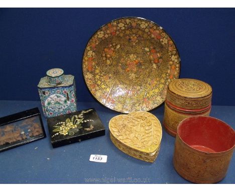 An oriental enamel Tea Caddy (a/f), Kashmir papier mache shallow bowl, canisters, etc.