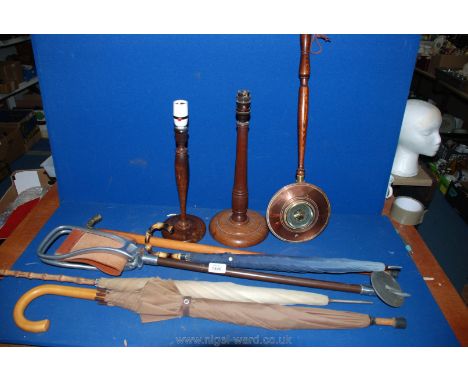 Two wooden electric Table lamps, shooting stick, barometer, umbrellas, etc.