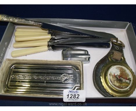 A Rolls Razor, Ronson lighter, horse brass, six bone handled knives and a silver handled bread Knife.