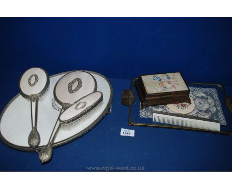A Regent's of London white silk/filigree vintage five piece Dressing Table set along with two other petit-point Dressing tabl