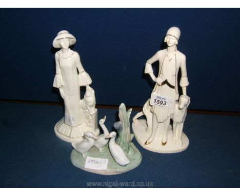 Two Coalport figurines from The Roaring Twenties collection 'Gilly 1928' and 'Celia 1929' together with a Nao model of three 