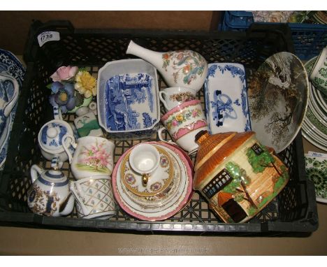 A quantity of small china items including Spode dish, Wedgwood bud vase, Poole picture plate, teapots, etc.