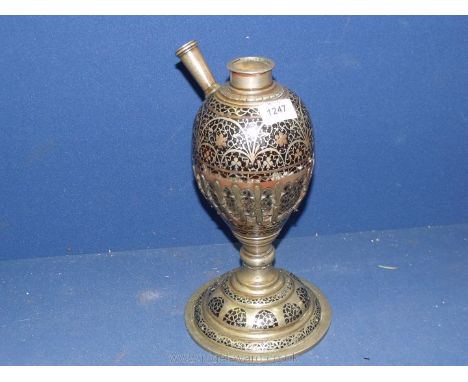 An Indo Persian metal and enamel huqqa pipe base, mid 19th century.