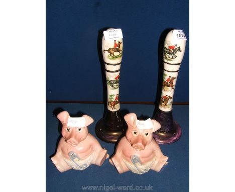 A pair of pub Handles decorated in Hunting design and a pair of Nat West Pig 'baby' money boxes