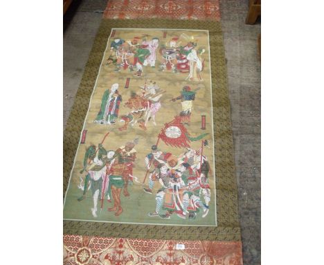 A large and scarce Chinese scroll painting, Qing dynasty 19th century, depicting numerous immortals in a landscape set within