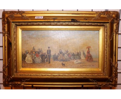BEACH SCENE W M CHASE OLEOGRAPH. Beach scene oleograph by Higgins & bowers Tower Bridge Road London 39 x 19 cm.