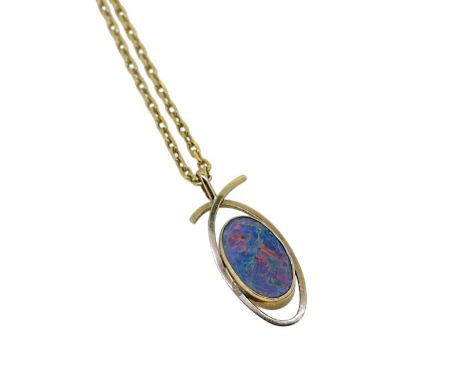 An opal doublet pendant, oval shaped opal doublet, approximately 17.7 x 10.3mm, length of pendant including bale 3.6cm, unhal