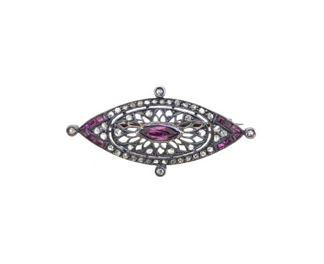 A ruby and diamond brooch, set with rose cut diamonds and rubies, dimensions 3.4 x 1.6cm, pin and roller catch fitting, unmar