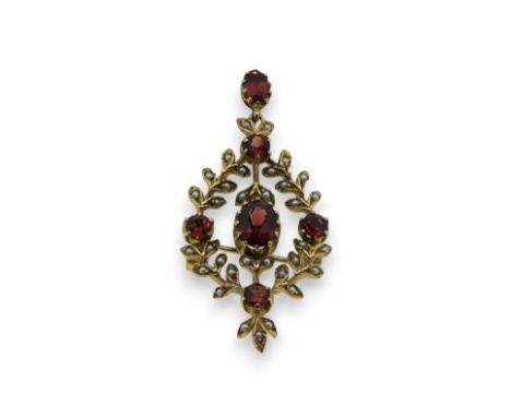 A 9ct gold garnet and split pearl pendant/brooch, dimensions 5 x 2.5cm, pin and roller catch fitting, partial hallmark for 9c