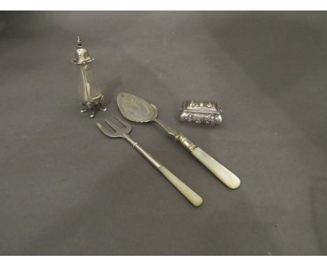 A silver pickle fork and silver pepperette marked Birmingham, a white metal trinket box and a dainty spoon (4)