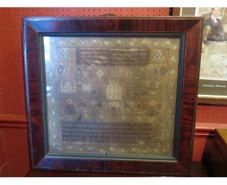 A 19th Century woolwork sampler with country theme design, framed in mahogany with marquetry surround 