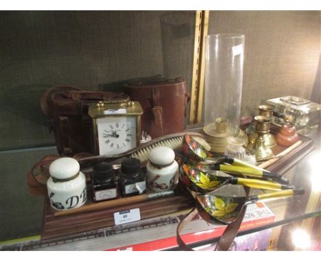 A miscellaneous lot including a pair of field glasses by Dolland, a pair of binoculars, an oak crumb tray and brush, a glass 