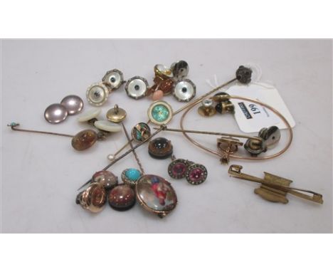 comprising 6 pins, a collection of shirt and collar studs, together with an enamelled brooch and a slender bangle