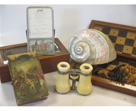 A miscellaneous lot including a microscope lens case, a travelling chess set (incomplete), a pair of opera glasses and other 