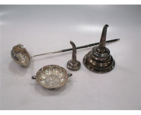 including a silver toddy ladle, a silver wine funnel, a silver wine funnel spout and a tastevin (Qty: 4)