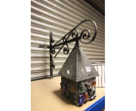 Vintage Lantern on Hanging Bracket, the shade made from rough blocks of glass