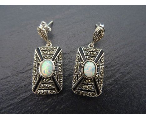 A pair of Art Deco style earrings set with Marcasite and opal panels 