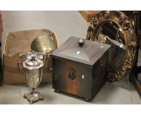 Vintage Copper effect coal bin with lid, a plaster framed wall mirror and a collection of Silver Plate and Brass