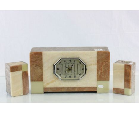 Art Deco marble mantle clock converted to battery with pair of Garnitures