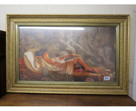 After Maher Morcos, gilt framed portrait print of a classical nude female figure reclining on a couch 