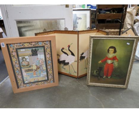 Chinese folding screen, framed print & an Asian framed & glazed picture