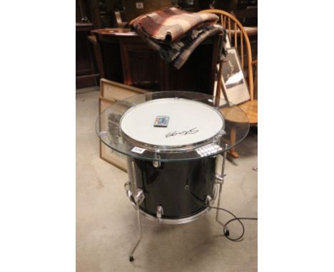 Black and Chrome Drum converted to a Light Up Coffee Table with Glass Top with remote control