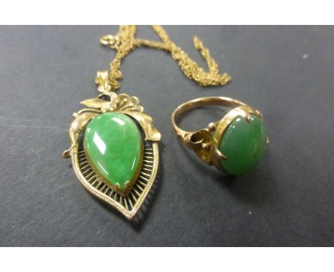 Chinese 14k Gold necklace with Jade pendant plus a matching 14k Gold & Jade ring