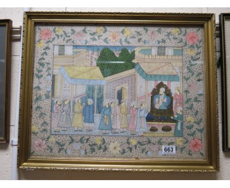 A gilt framed vintage gouache painting Middle Eastern nobles paying homage in a palace 