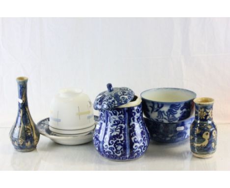 Collection of mainly blue & white pottery & ceramics plus an Art Deco style glass light shade