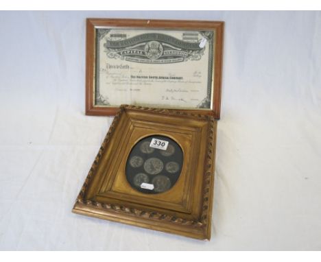 Framed & glazed vintage share Certificate plus a framed & glazed group of Greek type plaques
