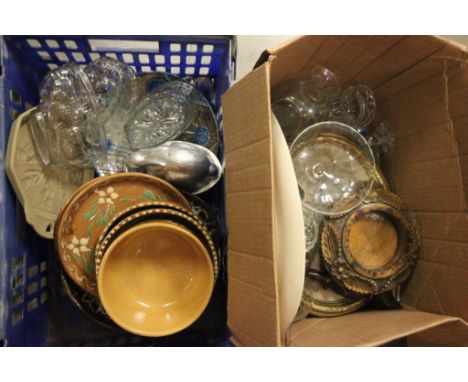 A box of sundries to include two rabbit jelly moulds, two other moulds, quantity of ceramics and a small brass model pof a se