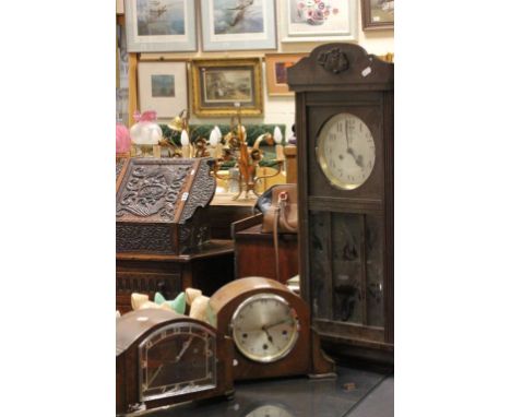 Two wooden cased mantle clocks and a wall clock with pendulum