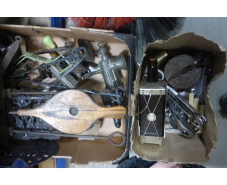 Mixed Lot of Vintage Kitchenalia including Trivets and Mincers plus a Box of Mixed Cutlery, etc