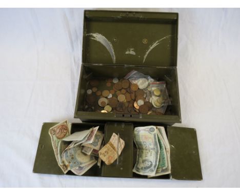 Cash tin of vintage UK & World coins & banknotes
