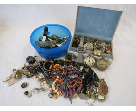 Collection of vintage costume jewellery, watches & pens etc