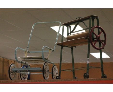 Vintage Child's toy Wood & Metal Mangle & a push along Buggy