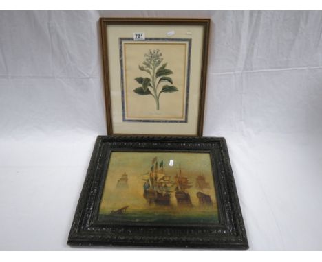 Oil on Board of 16th / 17th century Battle Ships signed E Wilson together with R Havell Jnr Coloured Aquatint of Hyosoyamus O