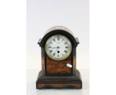 Key wind wooden mantle clock, marked J.W.B to movement and "J W Benson Ludgate Hill London" to the enamel dial