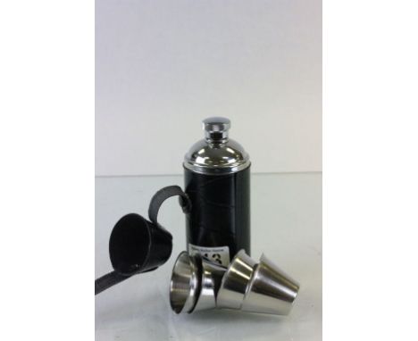 Stainless Steel Hunting Hip Flask with Four Stackable Stirrup Cups on Lid contained in a Black Leather Case