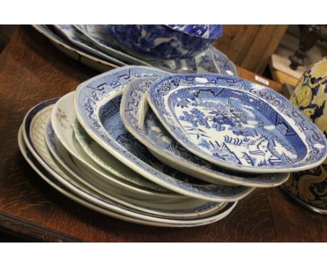 Collection of vintage Meat plates to include Willow Pattern