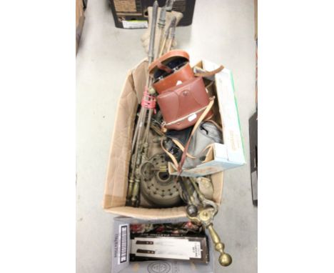 Collection of mixed items to include metalware, oil lamp, two piece carving set, cameras etc
