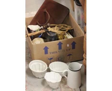 A box of items to include early motoware mug probably Allervale, police truncheon ceramic jelly moulds etc.
