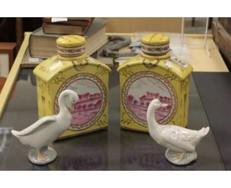 Pair of  contemporary chinese ceramic tea caddies and two Nao ducks.