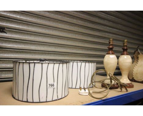 Pair of Onyx Table Lamp Bases together with a Pair of Mottled Panel Light Shades